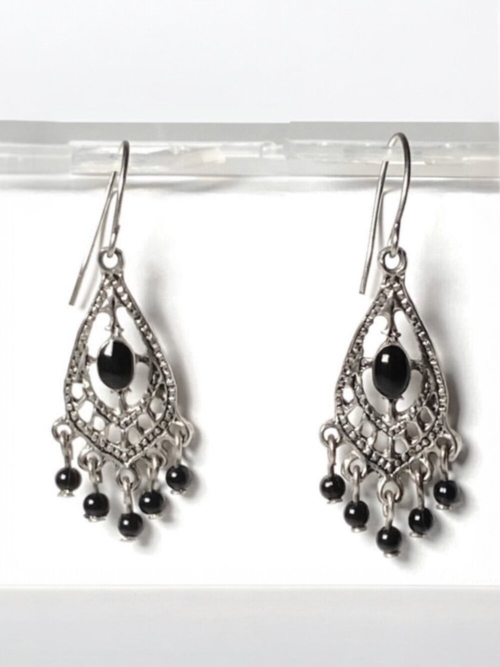 Chandelier Earrings Black Cabochon Dangle Beads Antiqued Silver Tone Pierced
